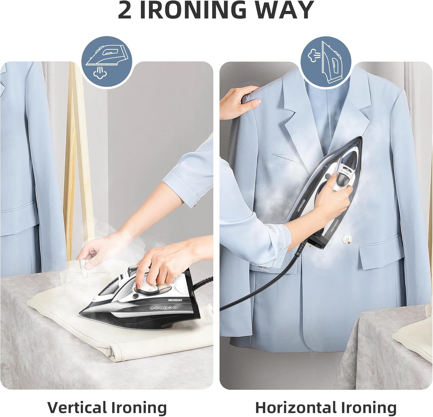 Steam Iron for Clothes Rapid Heating, 1700W Iron with Non-Stick Ceramic Soleplate, 3-Way Auto-Off, Burst of Steam, Self-Cleaning, 14.07oz Water Tank Ironing Clothes for Home, Grey