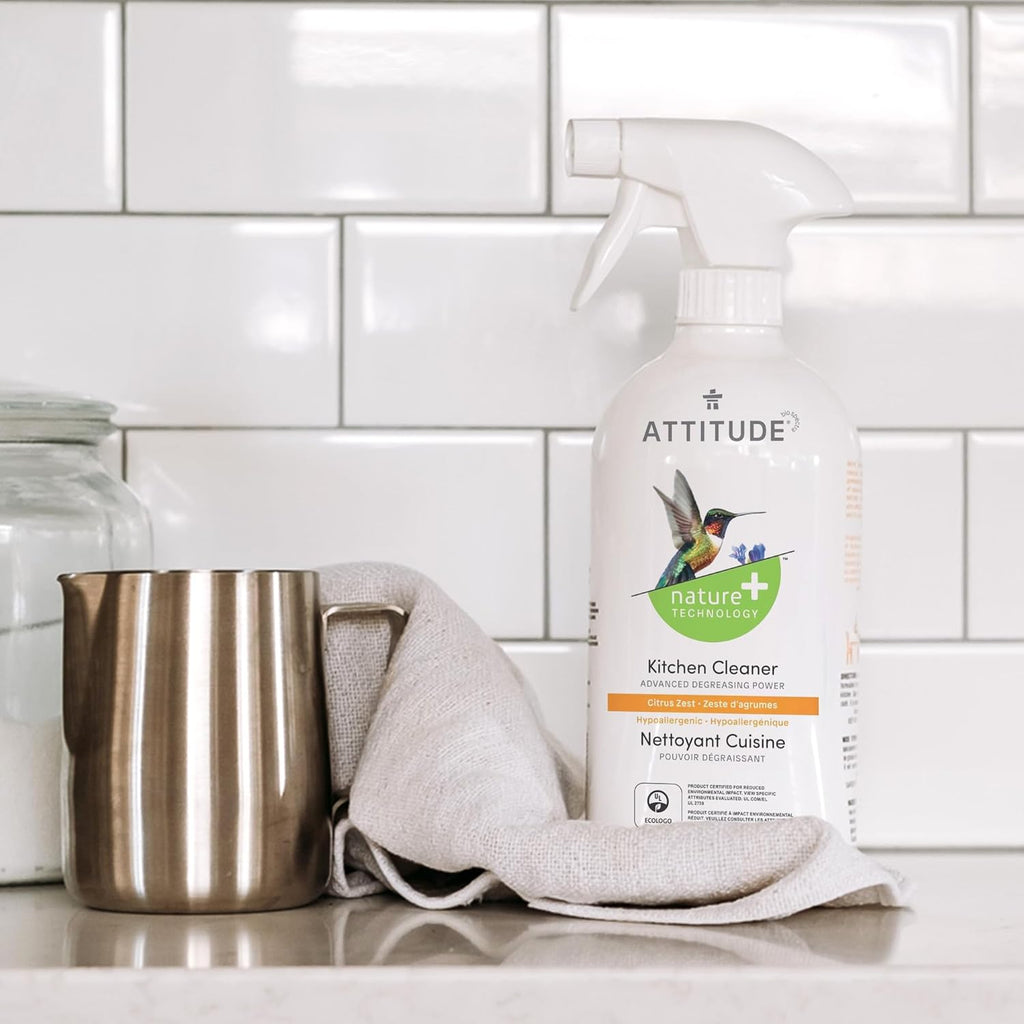 ATTITUDE Kitchen Cleaner Spray, EWG Verified, Powerful Degreaser, Cuts Grease & Grime, Plant-Based & Vegan, Citrus Zest Scent, 27.1 Fl Oz