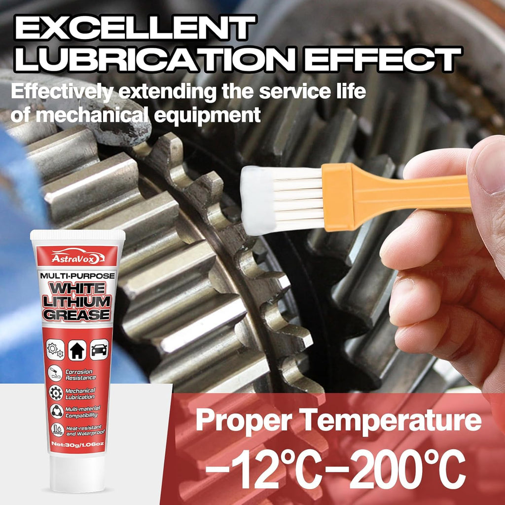 AstraVox White Lithium Grease, Multi-Purpose Lubricant Lithium Grease with Brush for Hinges, Bearings, Gears, and Garage Doors, Ideal for Automotive, Marine, Industrial, and Household Use (1)