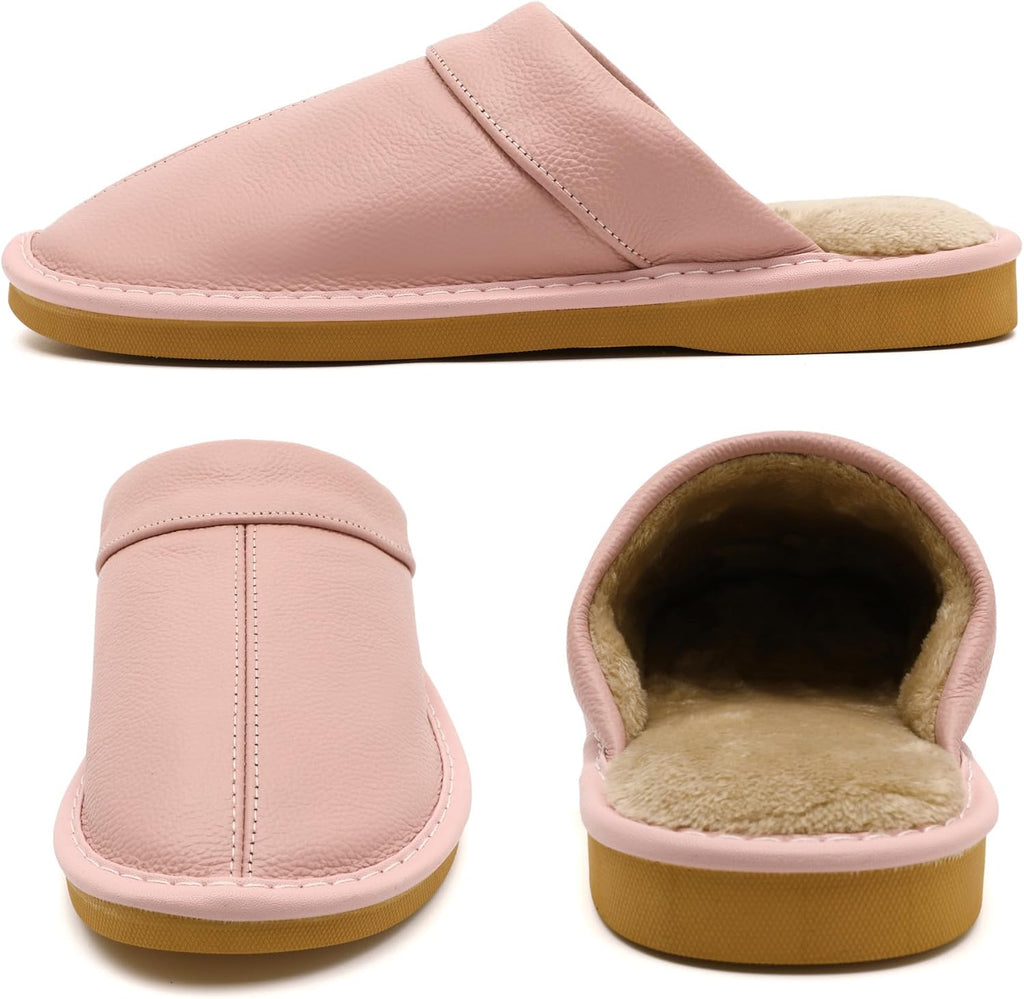 Slippers for Women Men, Genuine Leather Slippers Indoor Outdoor, Fuzzy Bedroom House Shoes for Women Men, Plush Lining Womens Sandals Slip-on