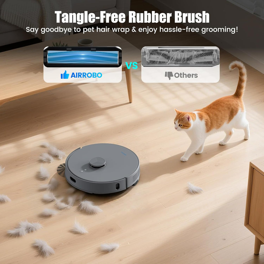 AIRROBO T25+ Robot Vacuum and Mop Combo, 5500Pa Suction, Pet Area Smart Boost, Carpet Detection, Tangle-Free Brush, LDS Mapping, APP Control, 3.5L Self-Empty Bin for Hard Floors, Carpets, Pet Hair