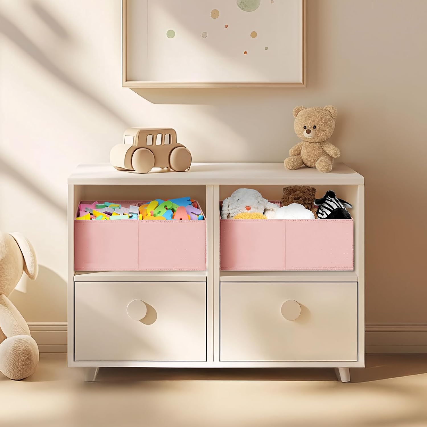 DIMJ Large Closet Shelf Organizer Bins 6 Packs with Handles and Divider, Fabric Trapezoid Storage Baskets, Foldable Clothes Containers Box for Shelf, Towel, Book, Toy, Purse, Hats, Pink