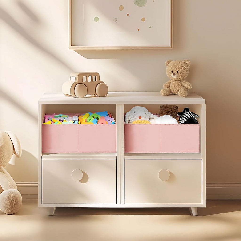 DIMJ Large Closet Shelf Organizer Bins 8 Packs with Handles and Divider, Fabric Trapezoid Storage Baskets, Foldable Clothes Containers Box for Shelf, Towel, Book, Toy, Purse, Hats, Pink