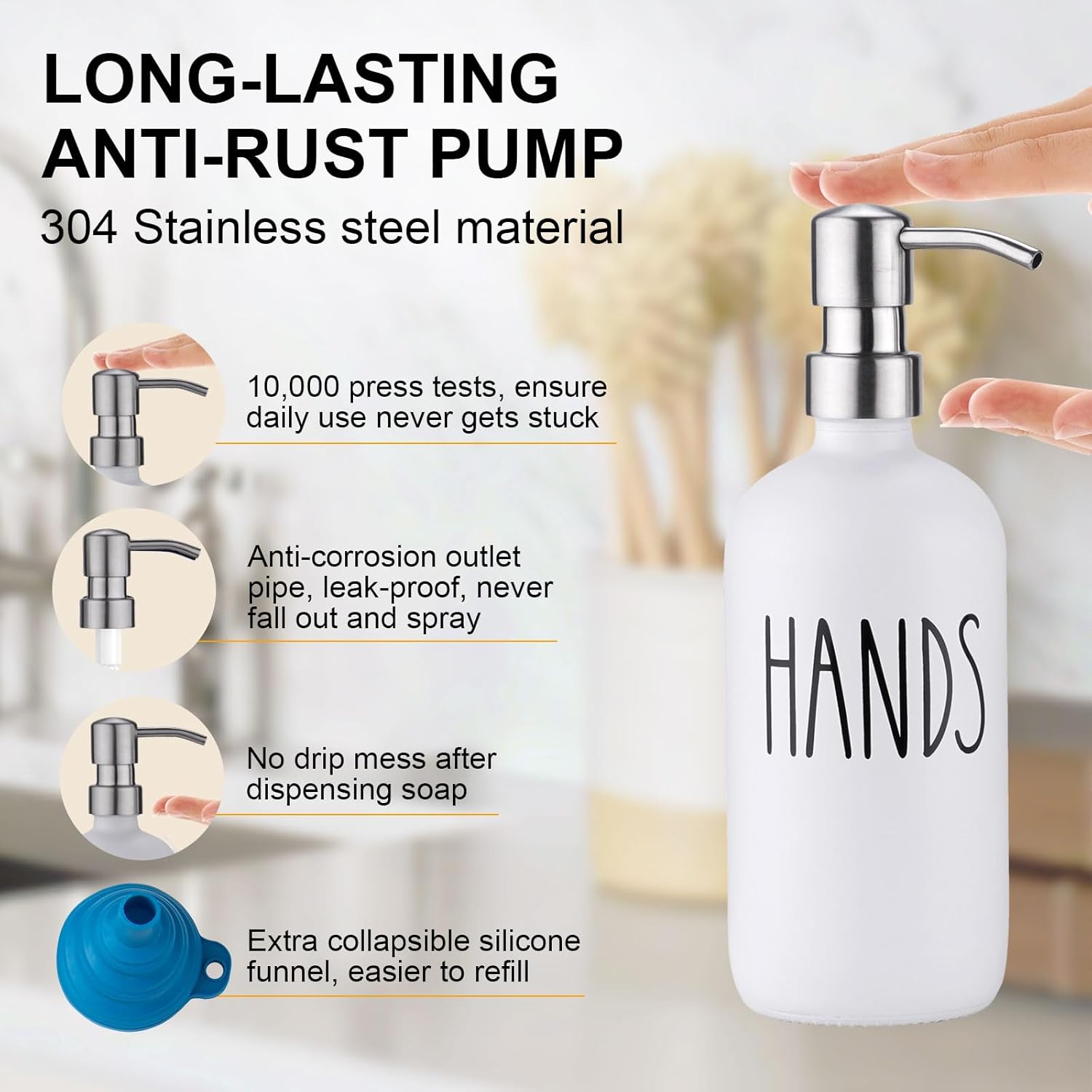 Glass Soap Dispenser for Kitchen,Farmhouse Kitchen Dish Hand Soap Dispenser Set,Rustproof Pump Soap Lotion Dispenser Set with Tray and Dish Brush,Kitchen Decor White-Silver Pump