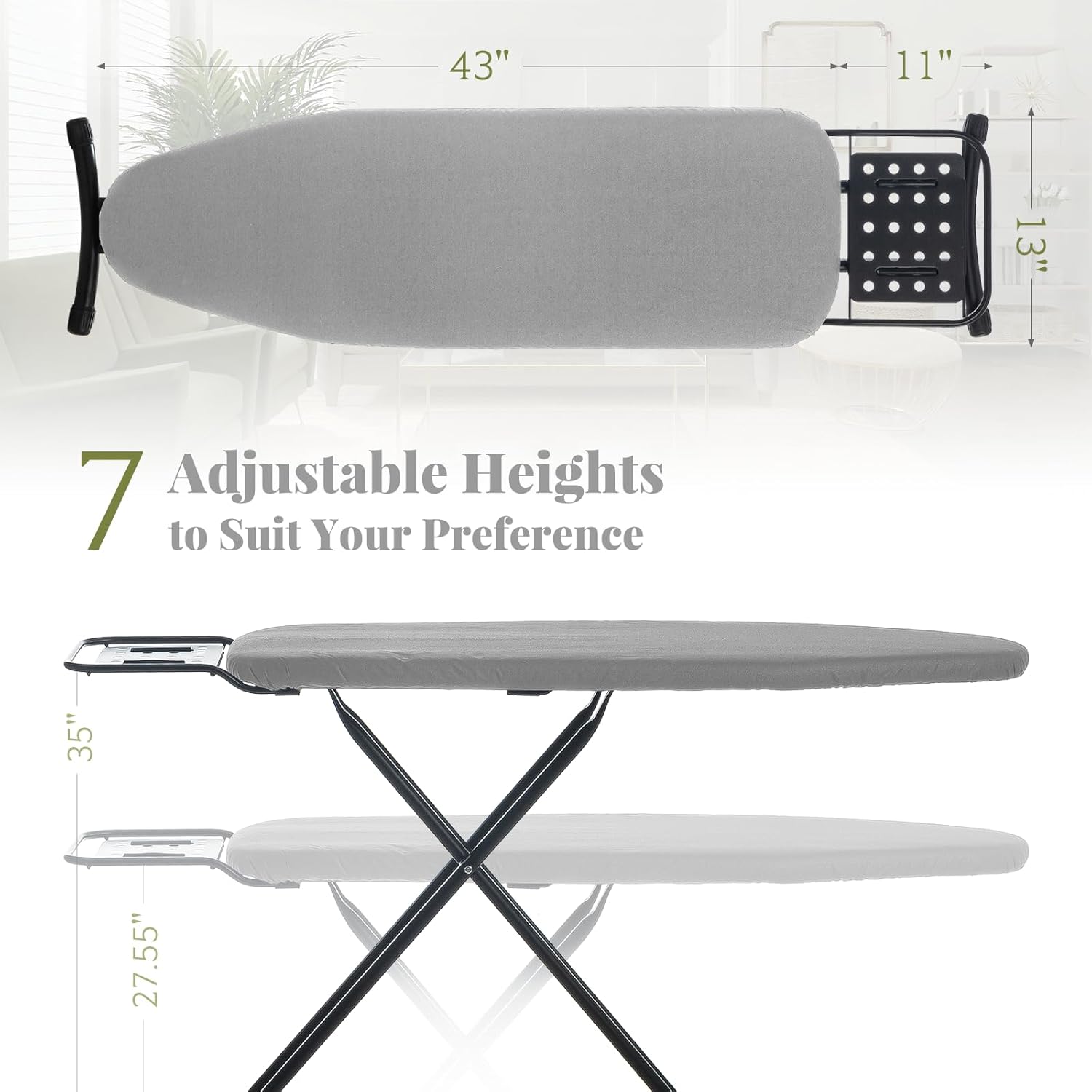 Ironing Board Full Size, RAINHOL 43"x13" Heavy Duty Compact Ironing Board with Iron Rest, Height Adjustable Sturdy Iron Stand, Grey Cover with Extra Thick Padding
