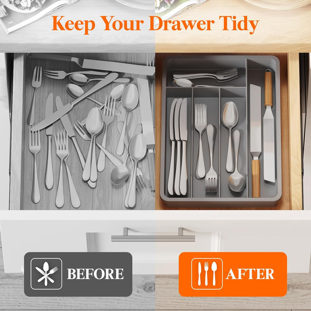Lifewit Silverware Tray, Deep Wide Cutlery Drawer Organizer Storage for Kitchen, Plastic Flatware Utensil Holder Divider for Spoons Forks Knives Tableware, 5 Compartment, Gray