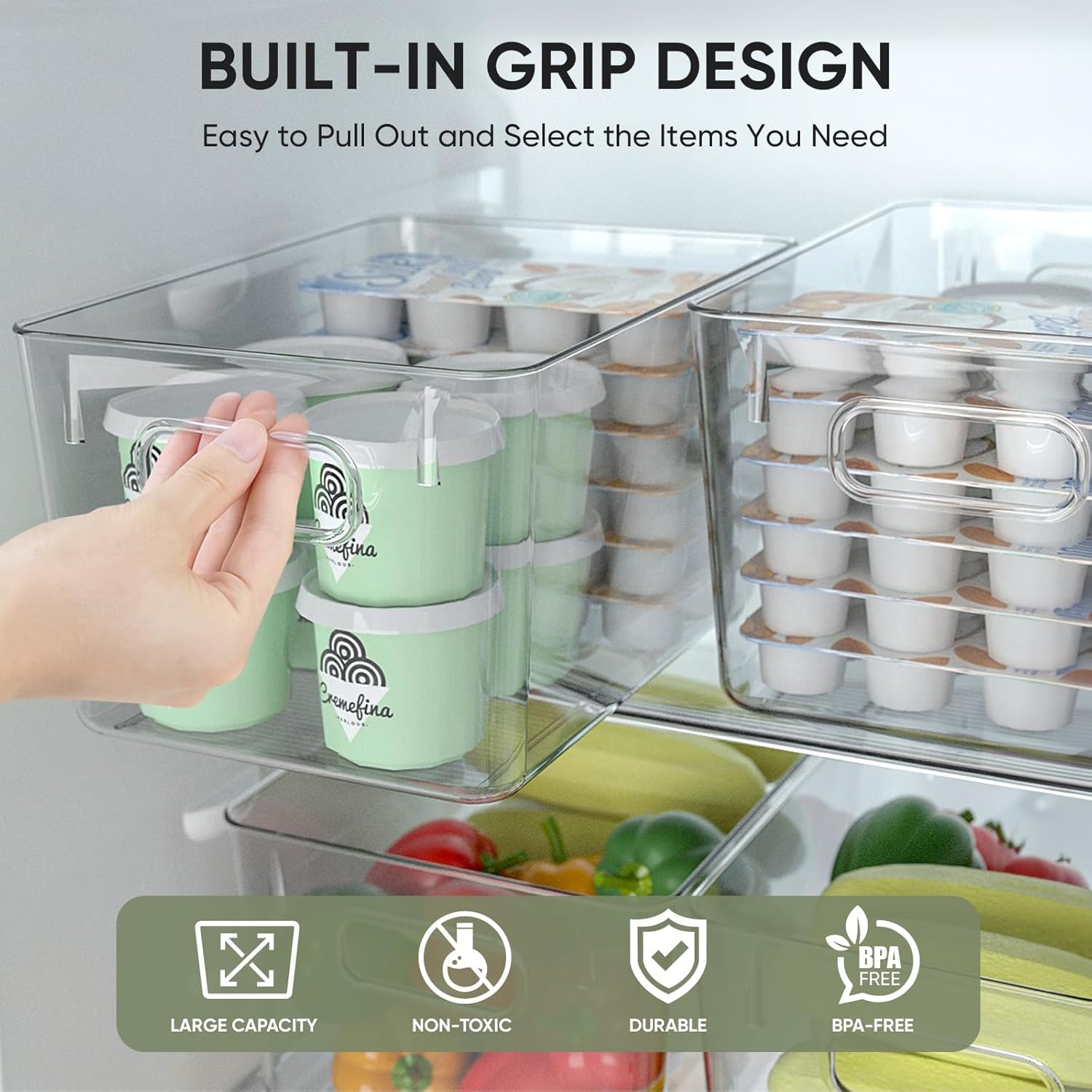 BALEINE Clear Plastic Storage Bins, Pantry Organization, BPA Free Stackable Refrigerator Organizers and Storage with Handles for Kitchen Fridge Cabinet Bathroom (4PK, 13x7.4x6.2)
