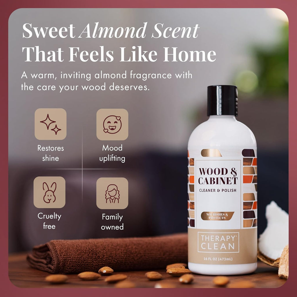 Therapy Wood Cleaner & Polish 16 oz. (2-Pack with Microfiber Cloth) - Wood Cabinet and Table Cleaner - Conditioner - Almond Scent