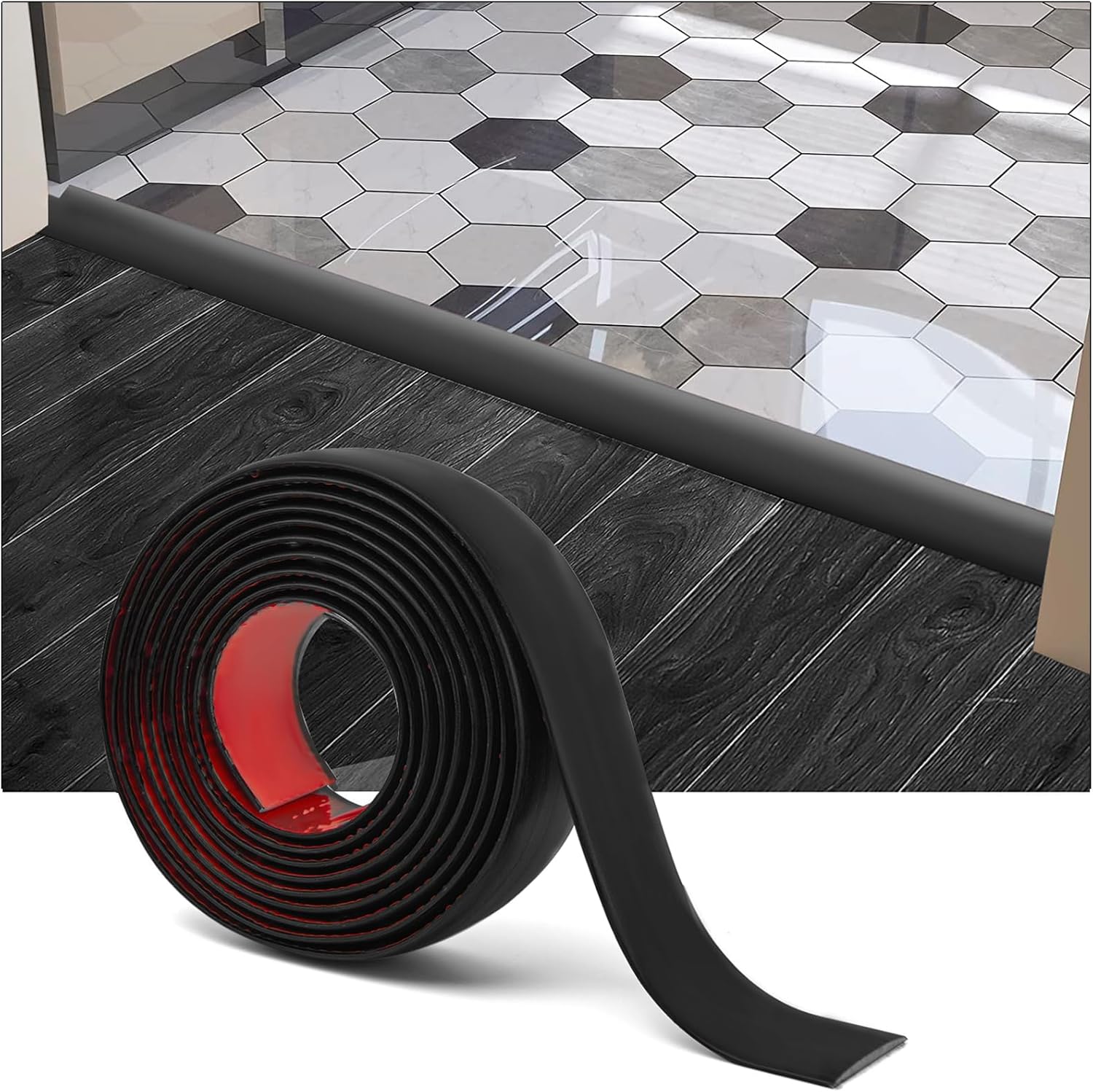 Art3d Self Adhesive Vinyl Floor Transition Strip, Laminate Floor Strip Floor Flat Divider Strip for Joining Floor Gaps, Carpet Threshold Transition, Floor Tiles (10 FT, 1.57in, Black)
