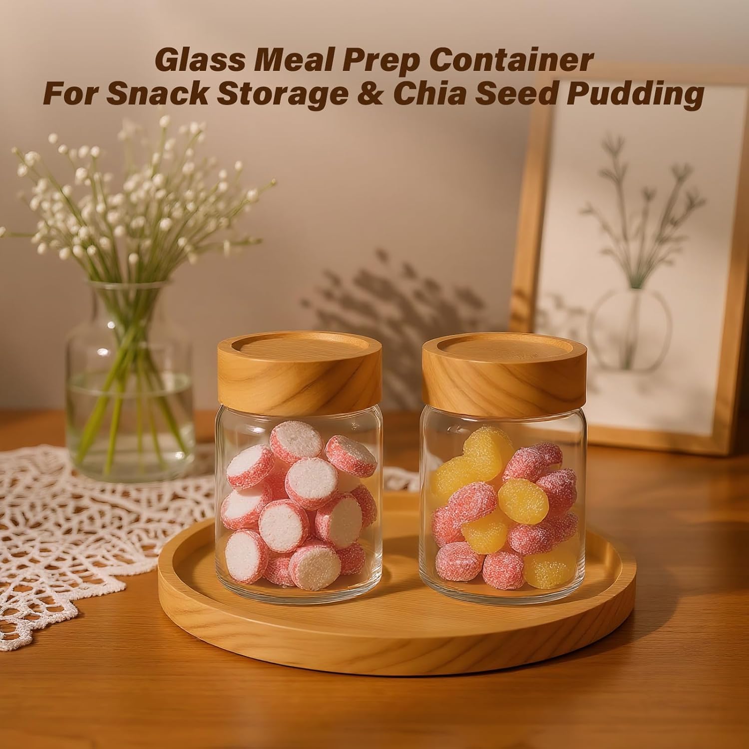 2pc Glass Mason Jars with Acacia Wood Airtight Lids - Overnight Oats & Food Storage Container Set, Clear Stackable Leakproof Kitchen Canisters for Meal Prep/Snack Organization/Spice Storage