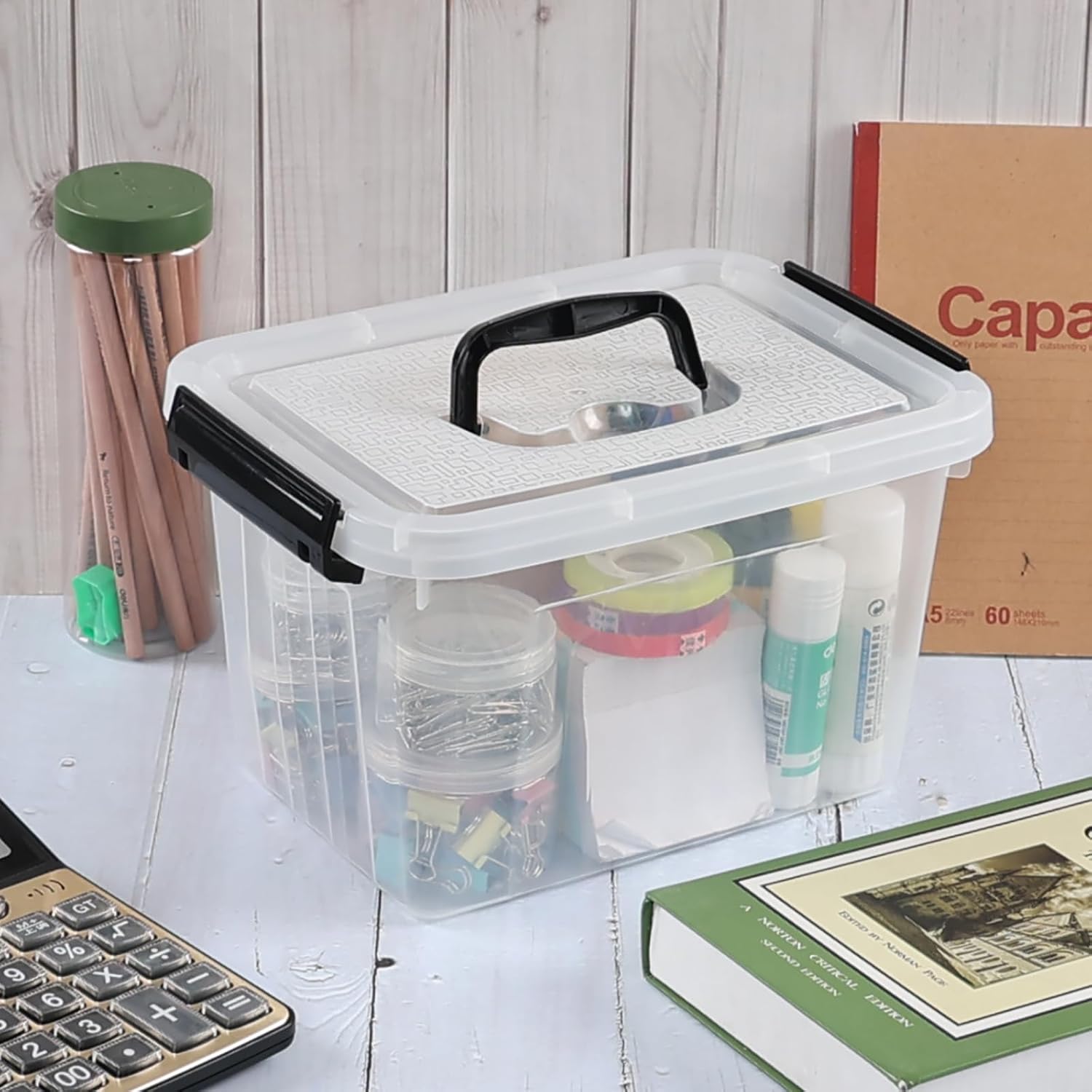 4 Packs Plastic Stackable Storage Container Bin with Lid and Latch, Plastic Latching Box with Handle, 5 L