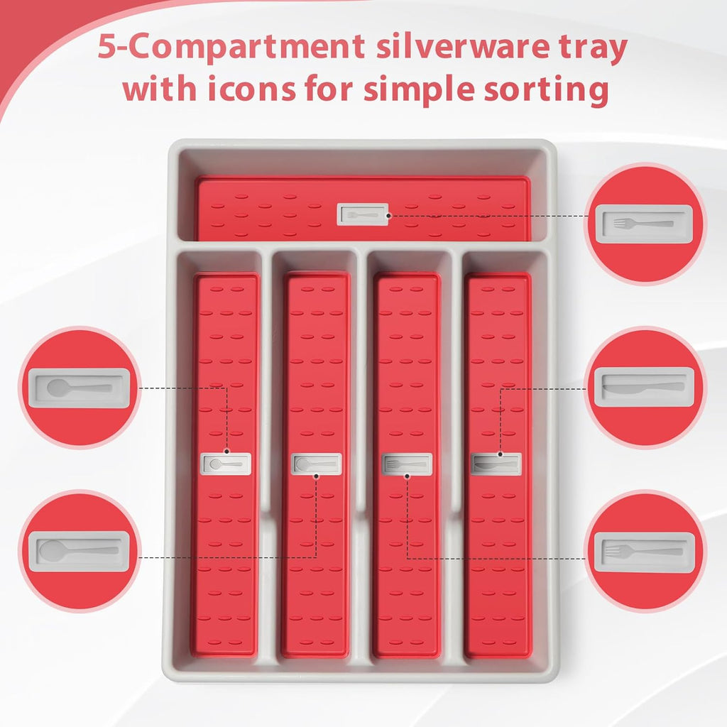Silverware Organizer with Cutlery Icons，Silverware Tray for Kitchen Drawer，Flatware Tableware Cultery Drawer Organizer Utensil Organizer with Non-slip TPR Linings，Kitchen Organization Essentials