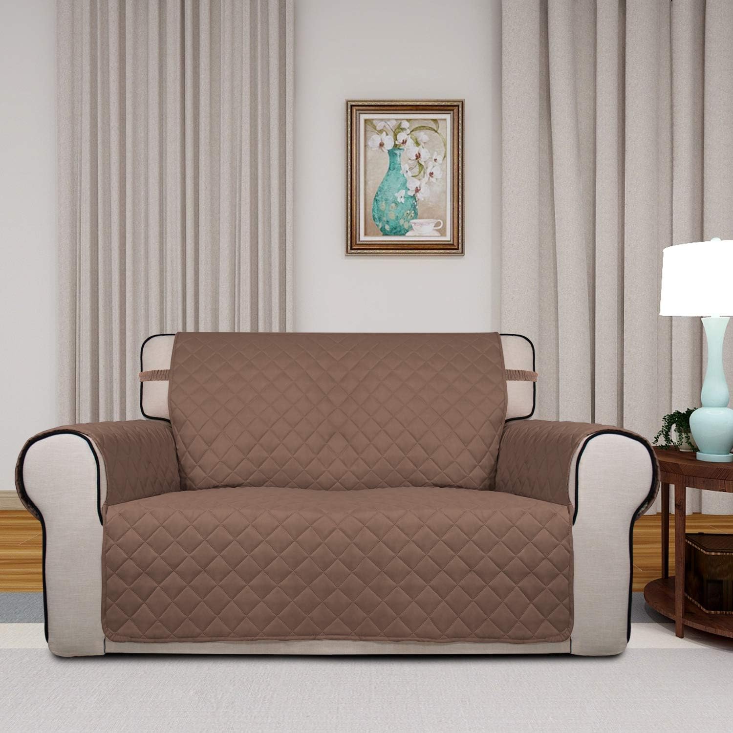 PureFit Reversible Quilted Sofa Cover, Water Resistant Medium Slipcover Furniture Protector, Washable Couch Cover with Non Slip Foam and Elastic Straps for Kids, Dogs, Pets (Loveseat, Brown/Beige)