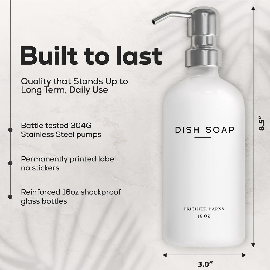 White Glass Hand and Dish Soap Dispenser Set by Brighter Barns - Modern Kitchen Soap Dispenser Set & Pump for Sink - Farmhouse Home Decor, Minimalist Kitchen Accessories (White)