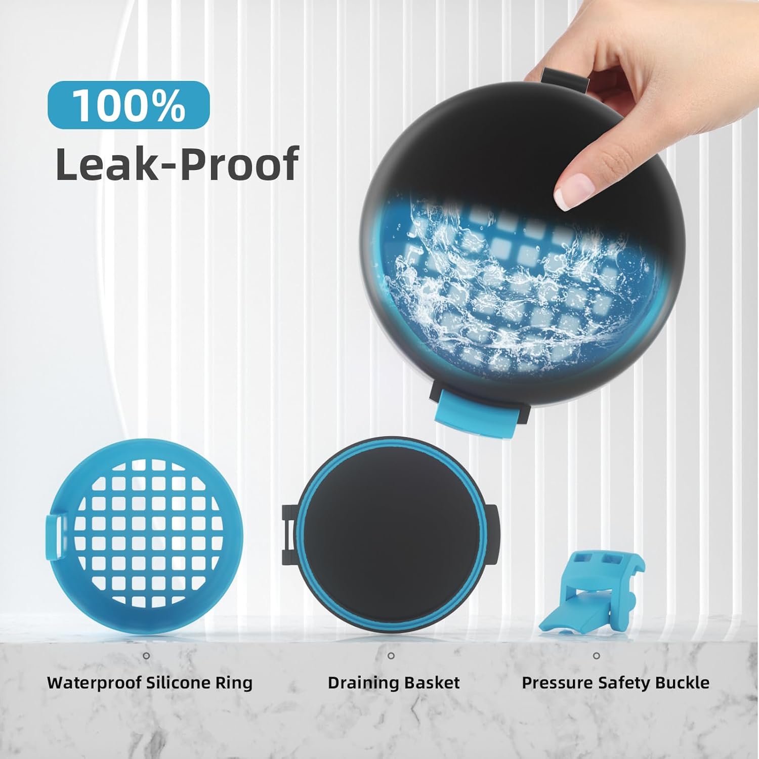 BVN Leak-Proof Denture Bath Cup for Travel, Denture Cup for Soak Dentures, Retainer Cleaning Case with Strainer (Black + Blue)