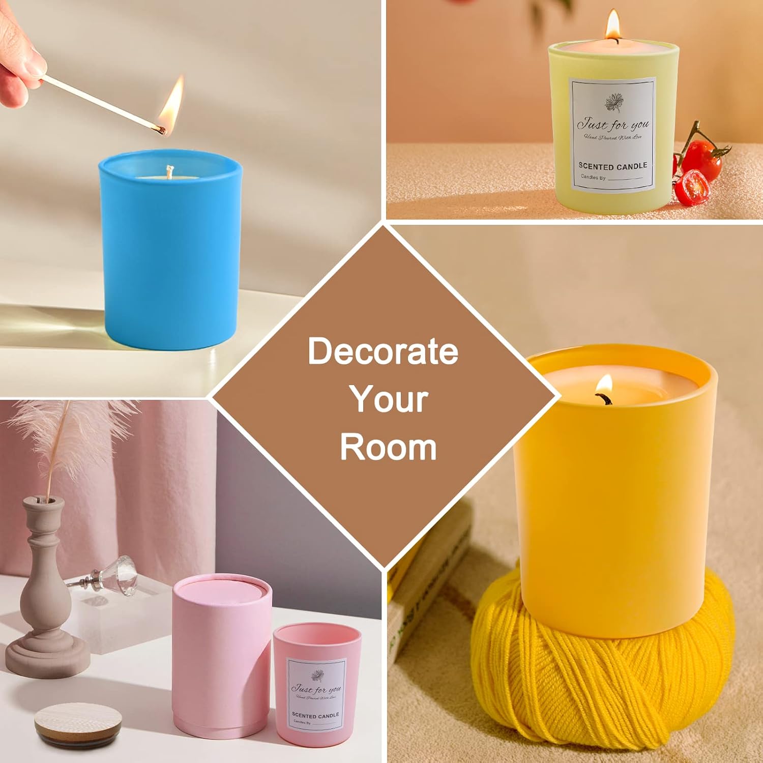 CONNOO 15 Pack Colorful Glass Candle Jars with Bamboo Lids for Making Candles, 7 oz Empty Candle Tins with Wooden Lids, Bulk Clean Candle Containers - Dishwasher Safe
