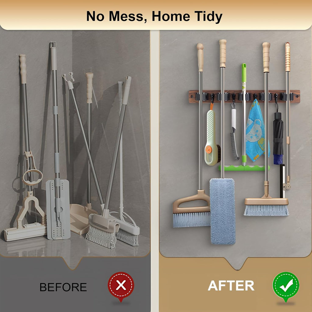 Broom Holder Wall Mount With 5 Slots & 4 Hooks，Rustic Wood Broom & Mop Hanger，Wall Mounted Garden & Garage Tool Storage Organizer Rack for Closet Laundry Room or Kitchen Wall Decor Black
