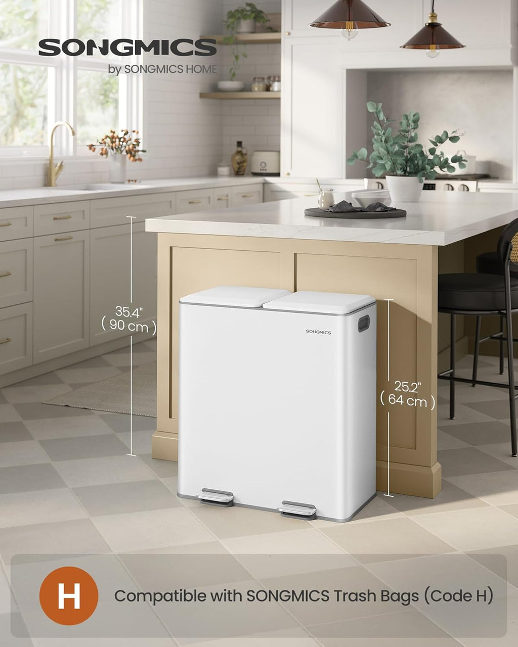 SONGMICS Trash Can, 2 x 8 Gallon (2 x 30 L) Double Garbage Can with Soft-Close Lids, Removable Inner Buckets, Pedals, Stainless Steel, for Waste and Recycling, Cloud White ULTB743W01