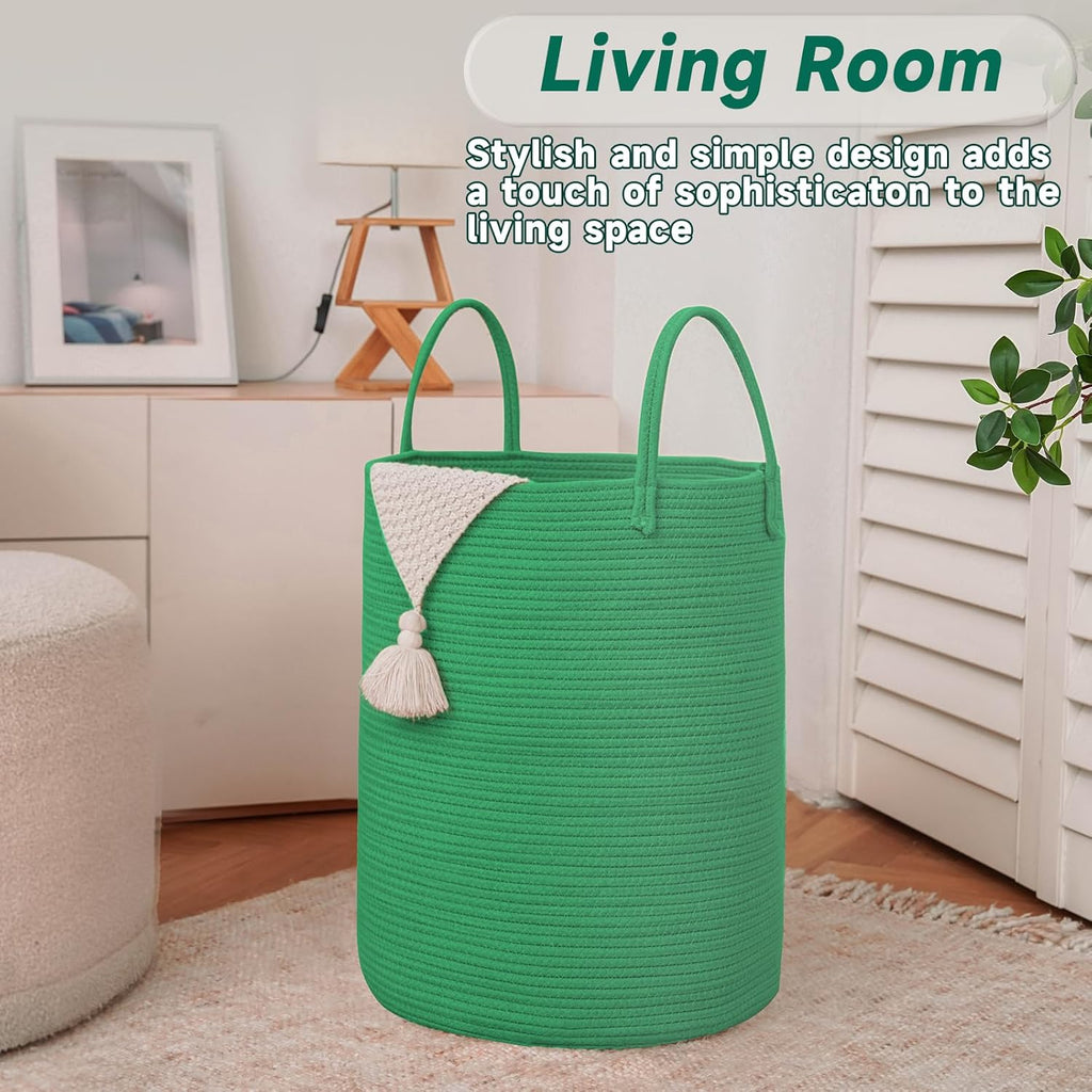 Large Woven Laundry Basket Hamper,60L Cotton Rope Storage Bin for Blankets,Toys and Clothes,Decorative Tall Nursery Hamper for Living Room,Baby Nursery,Bathroom and Bedroom,Dark Green