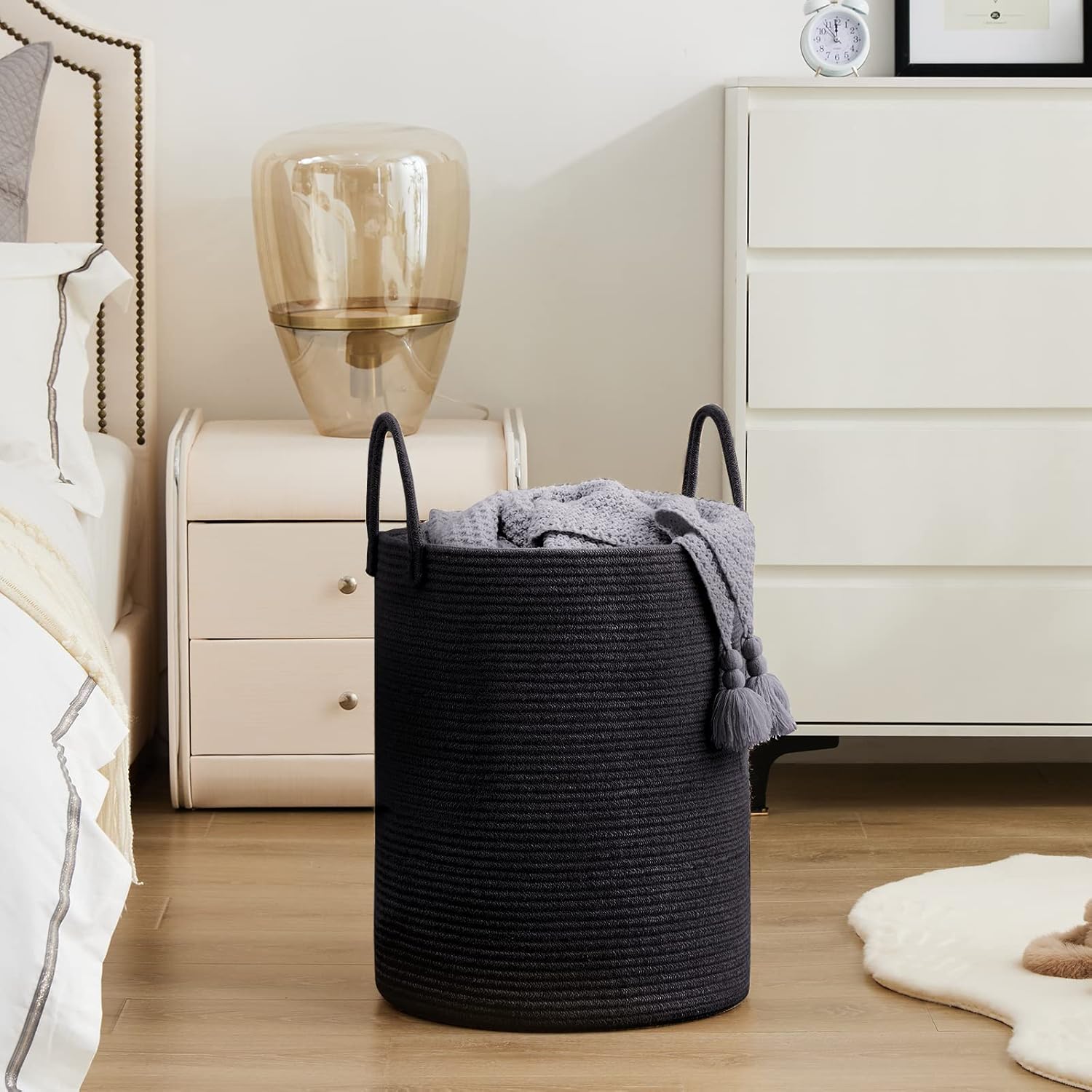YOUDENOVA Woven Rope Laundry Hamper Basket, 72L Tall Luandry Basket, Baby Nursery Hamper for Blanket Storage in Bedroom-Large- Black