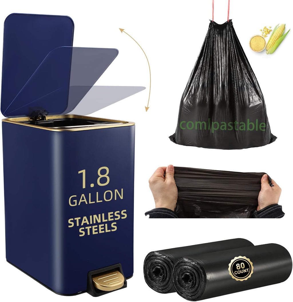 Small Bathroom Trash Can with Lid Soft Close, 1.8 Gallon Stainless Steel Garbage Can with Removable Inner Bucket,80Count Trash Bags, Slim Step Pedal Trash Bins