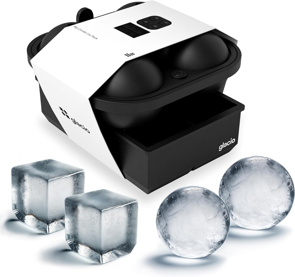 glacio Ball Ice Cube Tray and Big Ice Cube Molds for Whiskey, Slow-Melting, 100% Silicone, No-Plastic, Easy Release, Ideal for Gifting and Elevating Cocktails