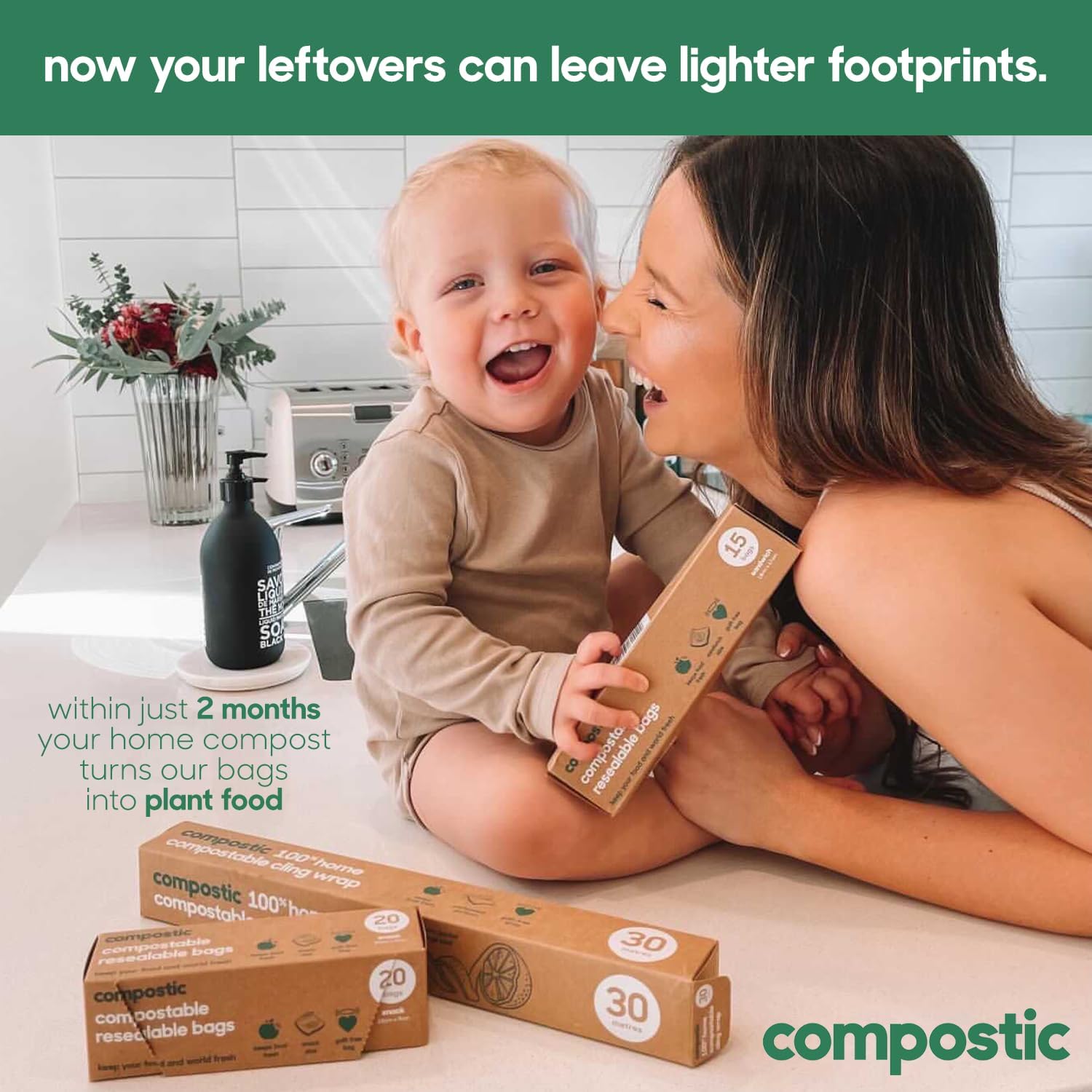 Compostic Home Compostable Resealable Snack Bags (6"x 3.5"), Microwave & Freezer Safe, Organic Food Storage Container, 30 Count (Pack of 2)