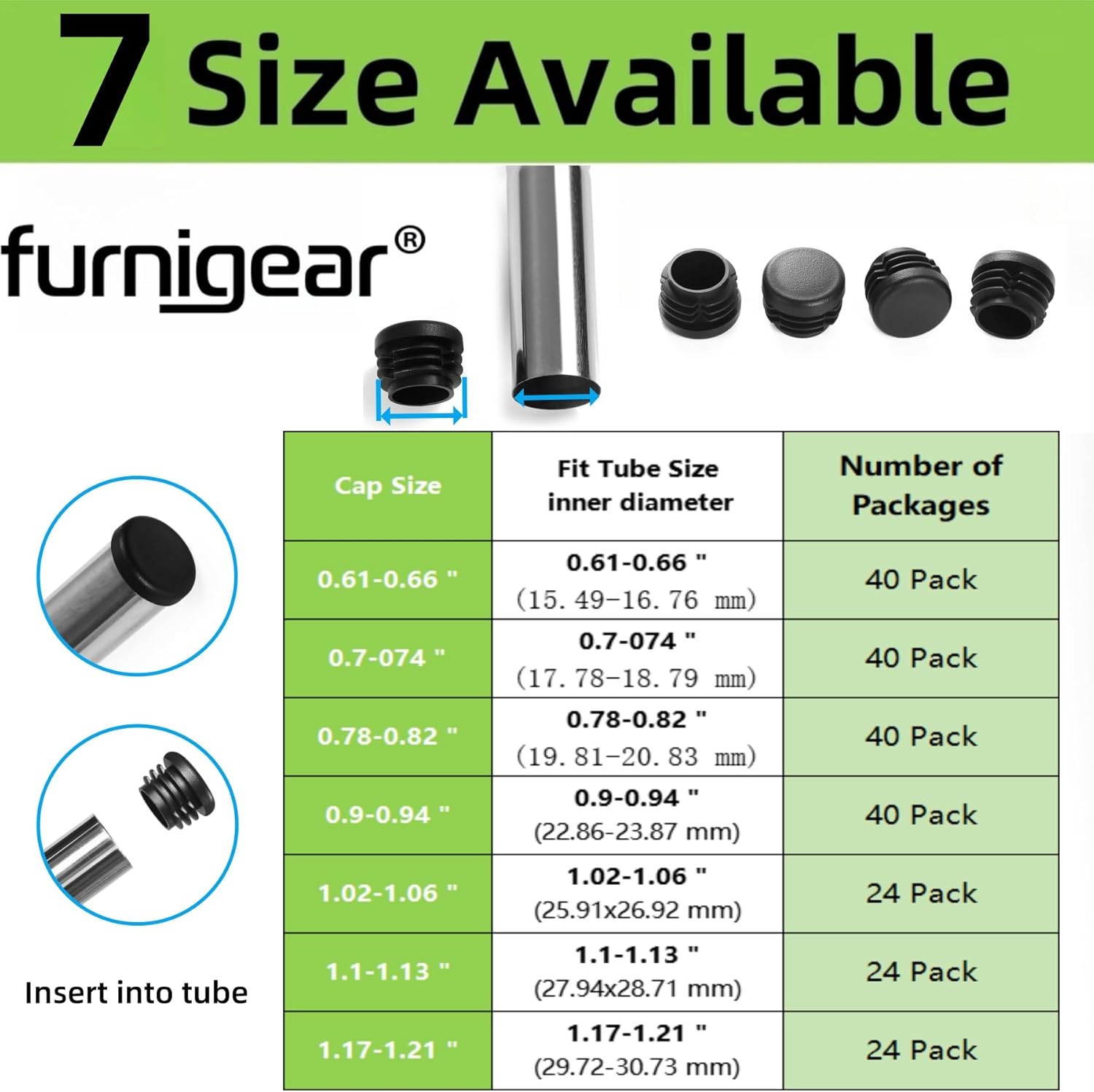 Furnigear Plastic Plugs Tubing End Caps Chair End Caps 1 3/16" Outside Bottom Round Tubing Caps Round Furniture Sliders Glides Black (Fit 1.1-1.13" Tube Inner Diameter, 24pack)
