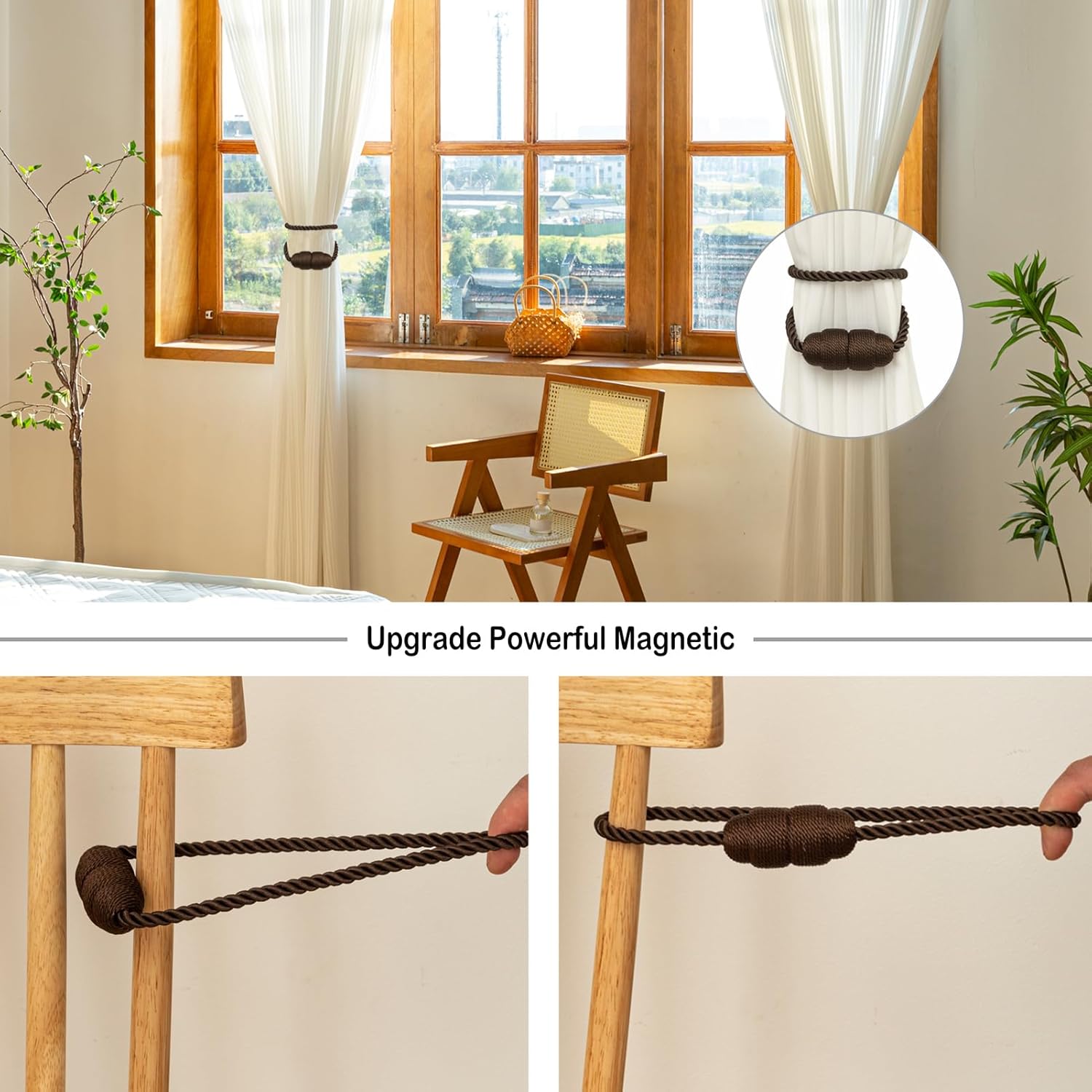 Magnetic Curtain Tiebacks Rope Curtain Tie Backs for Curtains 2 Pack Curtain Holders for Drapes Decorative Window Curtain Holdbacks, Coffee