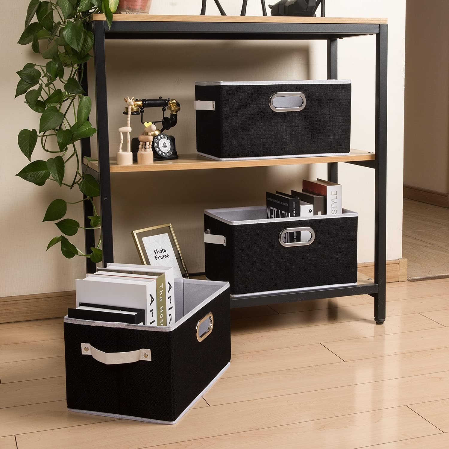 PRANDOM Fodable Storage Baskets for Closet [5-pack] Decorative Fabric Storage Bins Cubes with Leather/Metal Handles for Shelves Bedroom Living Room Black (11.5x8.5x6.7 Inch)