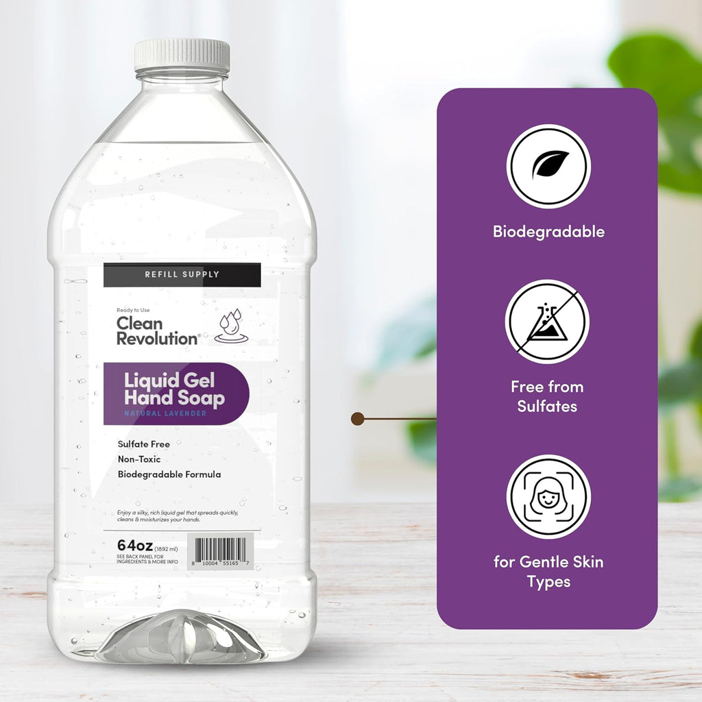 Clean Revolution Liquid Gel Hand Soap, Silky Rich Liquid, Quick Lather, Fast Rinsing, Contains Real Essential Oils (Natural Lavender) 64 Fl Oz