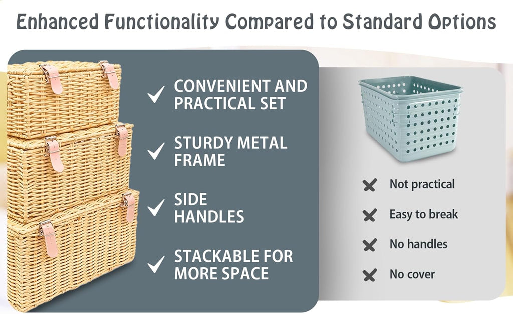 Wicker Storage Baskets with Lids – Set of 3 (Large, Medium, Small) for Organizing Clothes, Toys, Books – Stackable Basket with Lid for Bedroom, Nursery, and Home Decor
