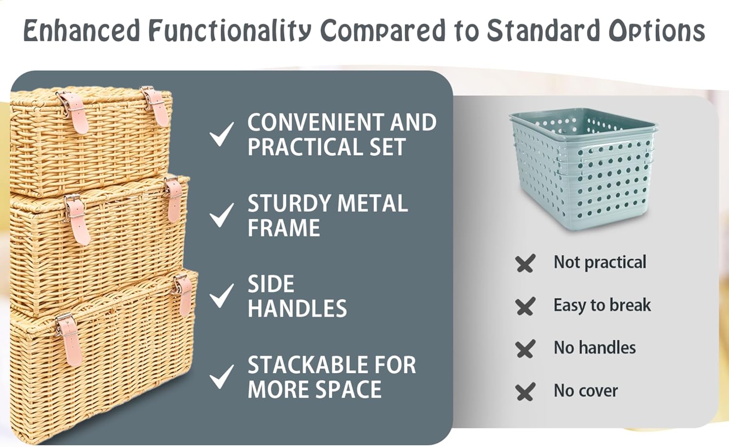 Wicker Storage Baskets with Lids – Set of 3 (Large, Medium, Small) for Organizing Clothes, Toys, Books – Stackable Basket with Lid for Bedroom, Nursery, and Home Decor