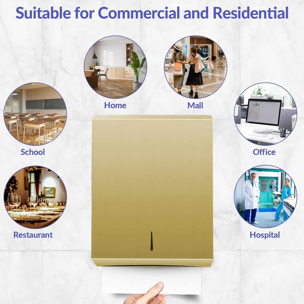 Paper Towel Dispenser Wall Mount, Brushed Gold Stainless Steel Commercial Paper Towel Holder with Lock, Large Capacity 400 C Fold/525 Multifold Towels