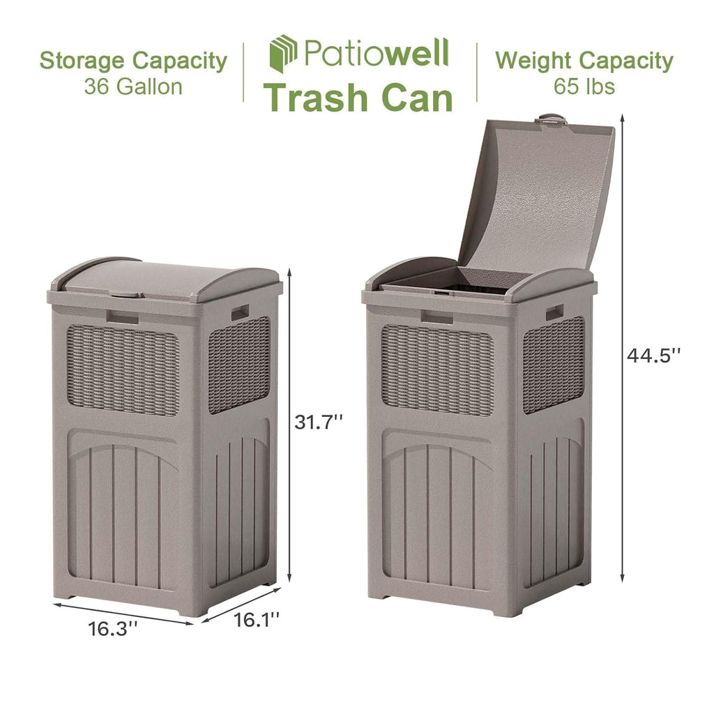 Patiowell 36 Gallon Outdoor Trash Can, Resin Outdoor Garbage Can with Lid for Patio, Backyard, Deck, Light Brown