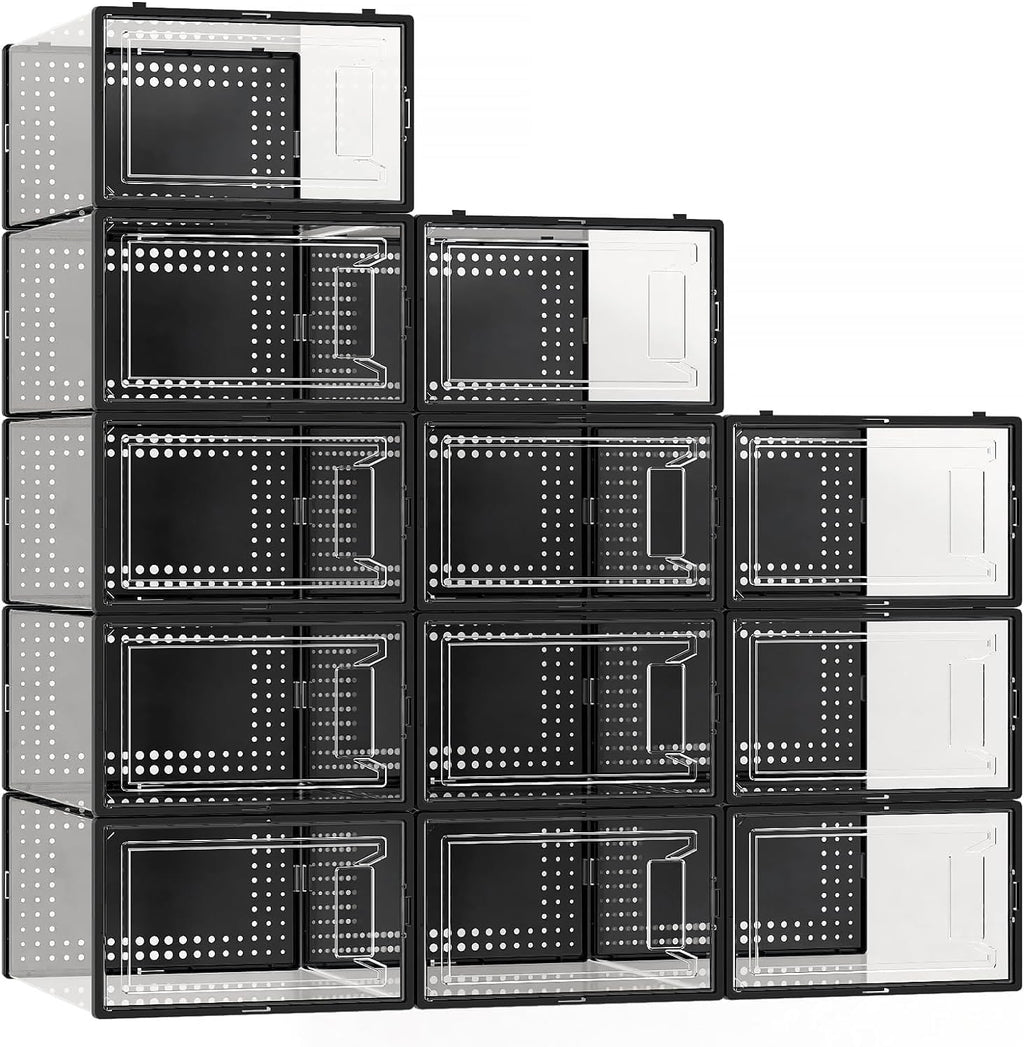 12 Pack XX Large Shoe Organizer Storage Boxes for Closet, Modular Space Saving Shoe Boxes Clear Plastic Stackable Sneaker Containers Display Case with Lids, Black