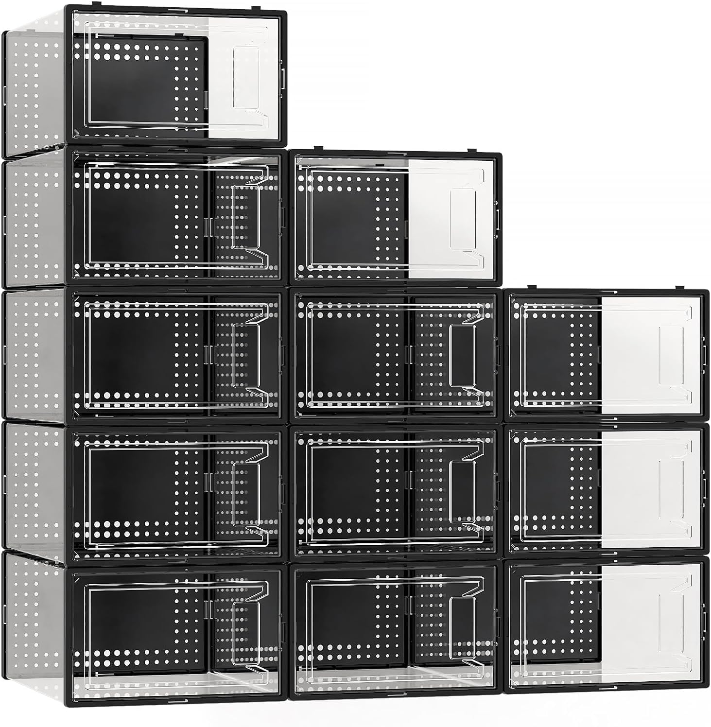 12 Pack XX Large Shoe Organizer Storage Boxes for Closet, Modular Space Saving Shoe Boxes Clear Plastic Stackable Sneaker Containers Display Case with Lids, Black