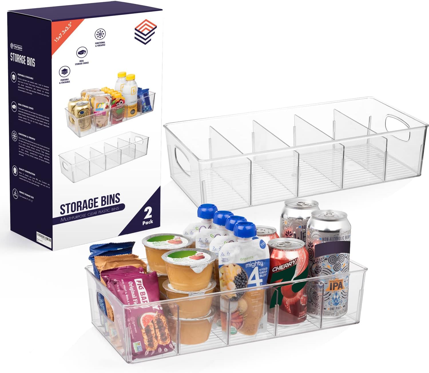ClearSpace Plastic Pantry Organization and Storage Bins with Removable Dividers – Perfect Kitchen Organization or Kitchen Storage – Refrigerator Organizer Bins, Cabinet Organizers (2 Pack XL)