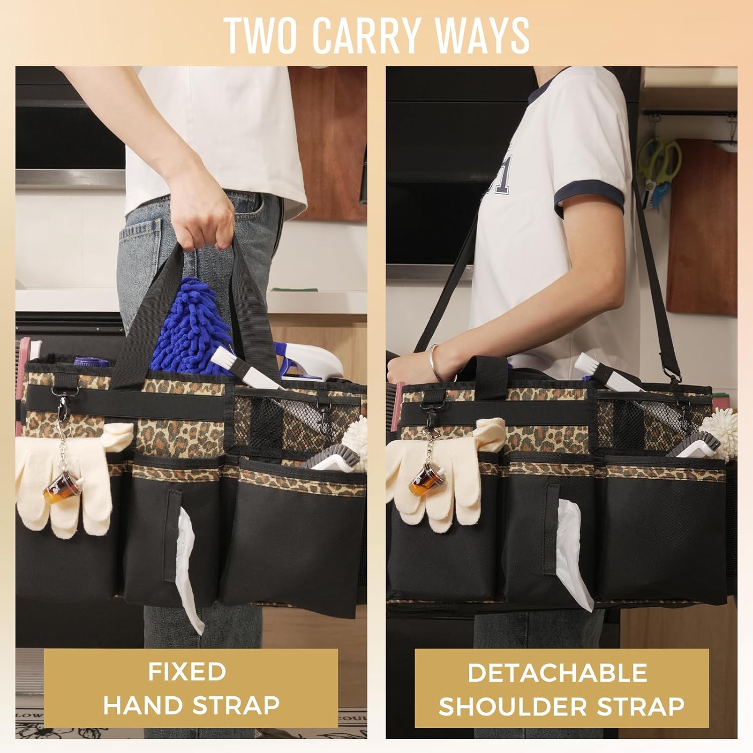 Wearable Cleaning Caddy, Cleaning Caddy Supplies Organizer with Handle & Shoulder Straps for Housekeepers, Under Sink & Car Cleaning Tool Organizers Bag with 4 Foldable Divider (Leopard)