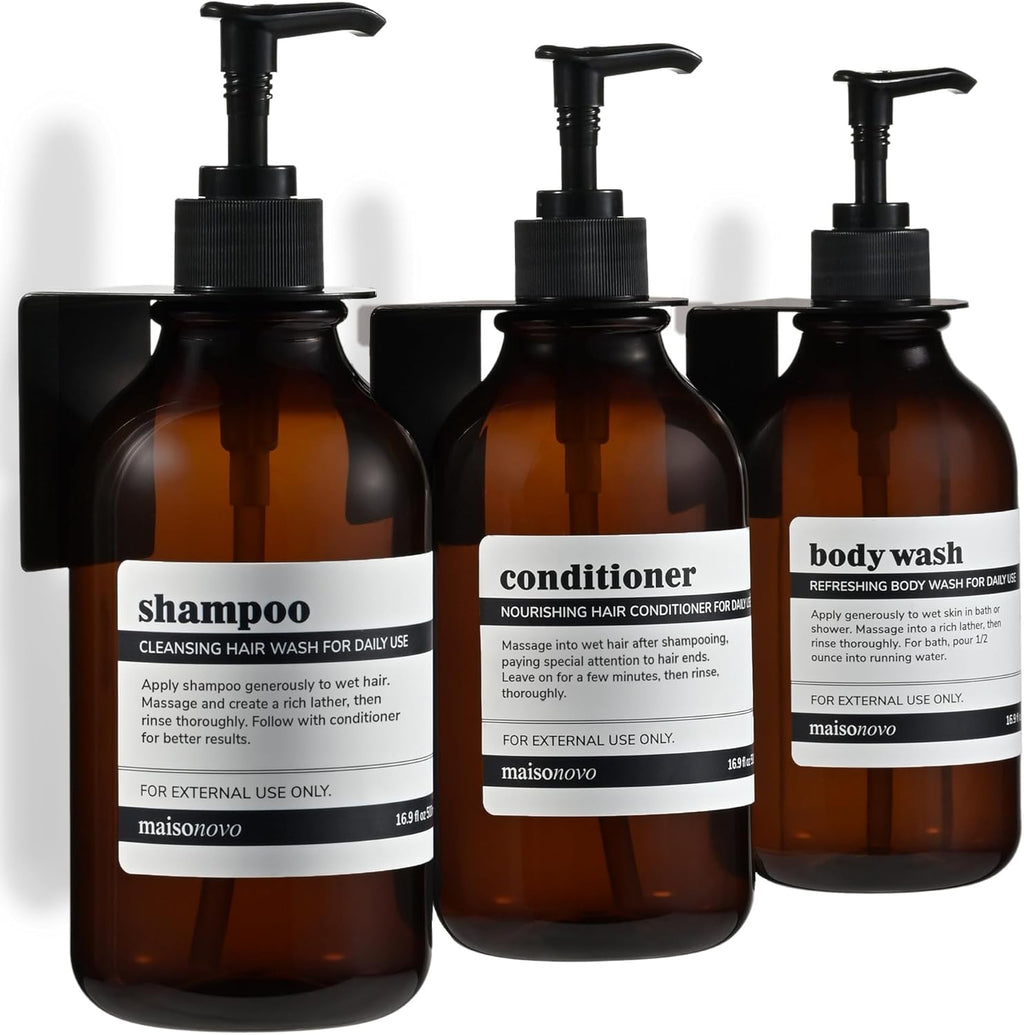 MaisoNovo Shampoo and Conditioner Dispenser - Shower Soap Dispenser Wall Mounted - 16.9 fl oz Set of 3 Amber Plastic Bottles Black Pump - 3 Chamber No Drill
