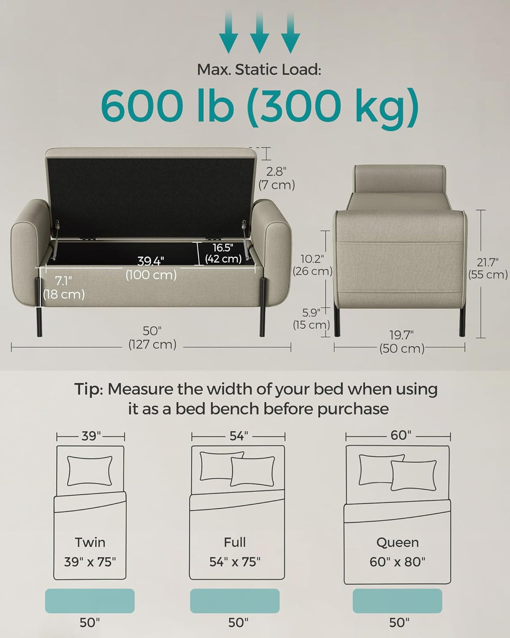 SONGMICS Storage Bench with Armrests, Ottoman with Storage for Living Room, Storage Ottoman Bench for Bedroom, Entryway, Living Room, Steel Legs, Camel Brown ULOM072K03
