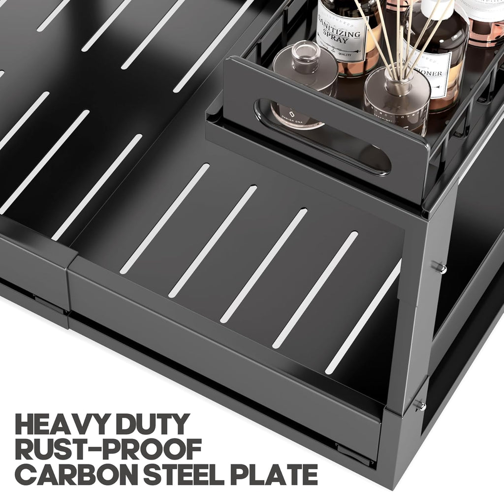1 Pack Expandable Under Sink Organizers And Storage With Upgrade Ball-Bearing Slide Tracks,2-Tier Pull Out Under Cabinet Organizer Height Adjustable,Slide Out Under Sink Drawers-Black(Patent Pending)