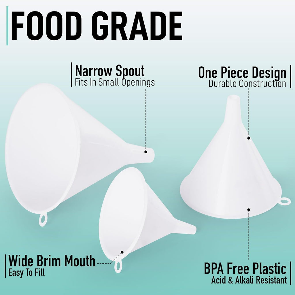 Zulay Kitchen 3-Piece Plastic Funnel Set - Large, Medium, and Small Kitchen Funnels Pouring Spout - for Filling Bottles Water Liquid, Protein Powder, Food Grade Cooking, Drink, Paint, Lotion, Kids