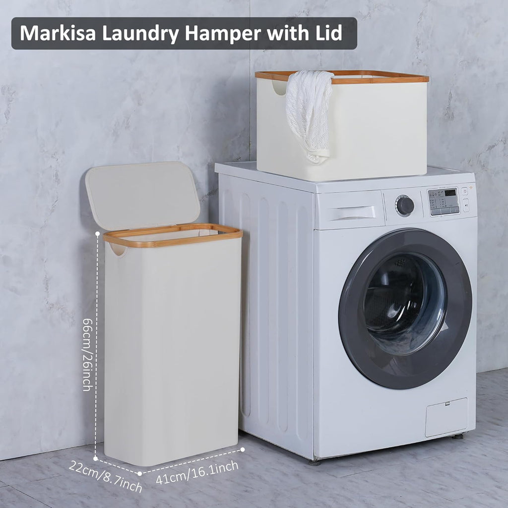 Slim Laundry Basket,Tall laundry Hamper with Lid,60L Hamper for Laundry,Dirty Cloth Hamper with Bamboo Handle for Toys,Towels, Clothes Organizing,Beige