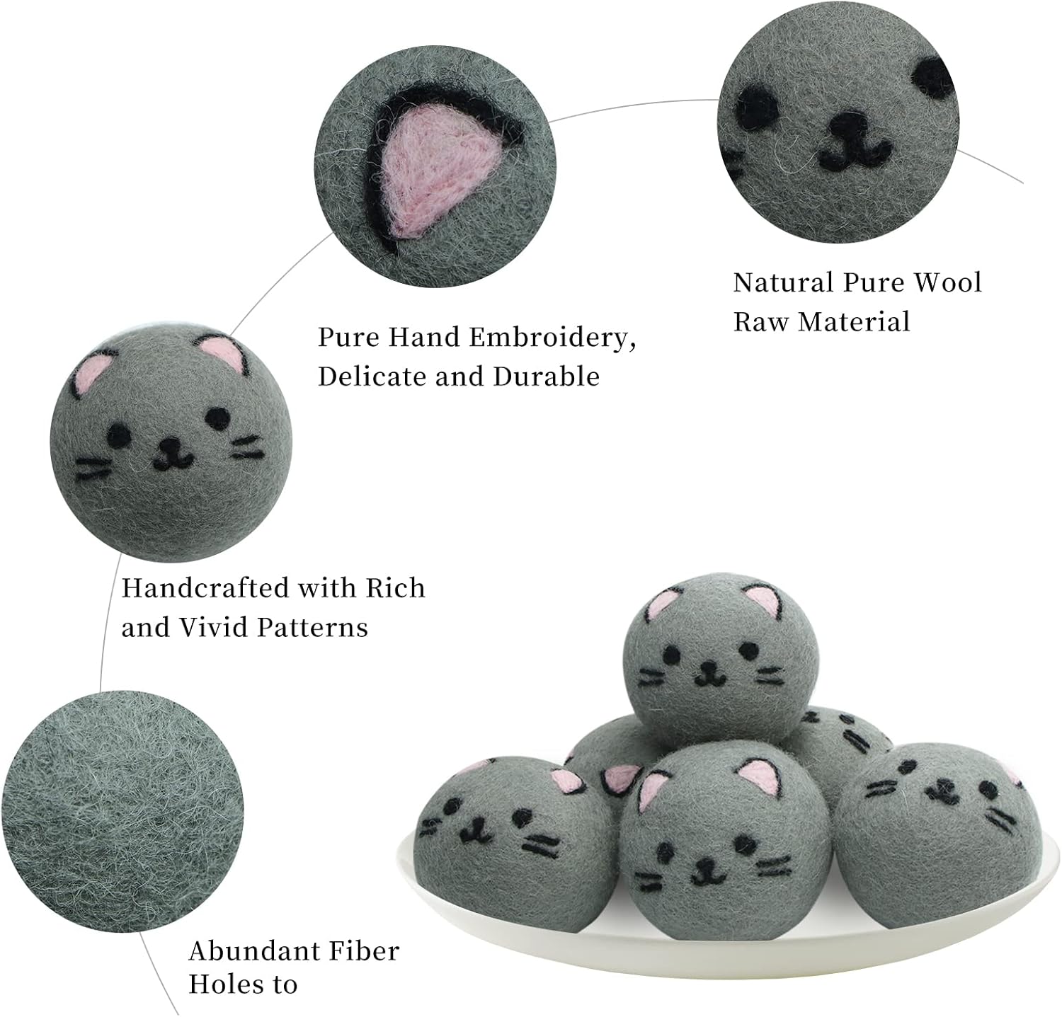 Dryer Balls Laundry Reusable - XL Wool Dryer Balls - Handmade Cute Cat Shape 6 Pack, Extra Large Dryer Balls, Shorten Drying Time, Organic Wool - Dry 1000+ Loads