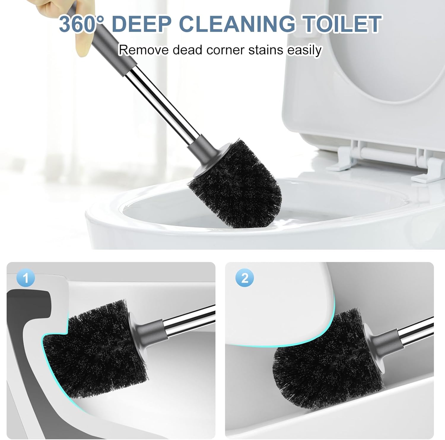 SetSail Toilet Brush and Holder 2 Pack, Self Closing Lid Toilet Bowl Brushes Holder and Extra Long Handle Ventilated Toilet Brush Set for Bathroom Cleaning, Nylon Bristles, Grey