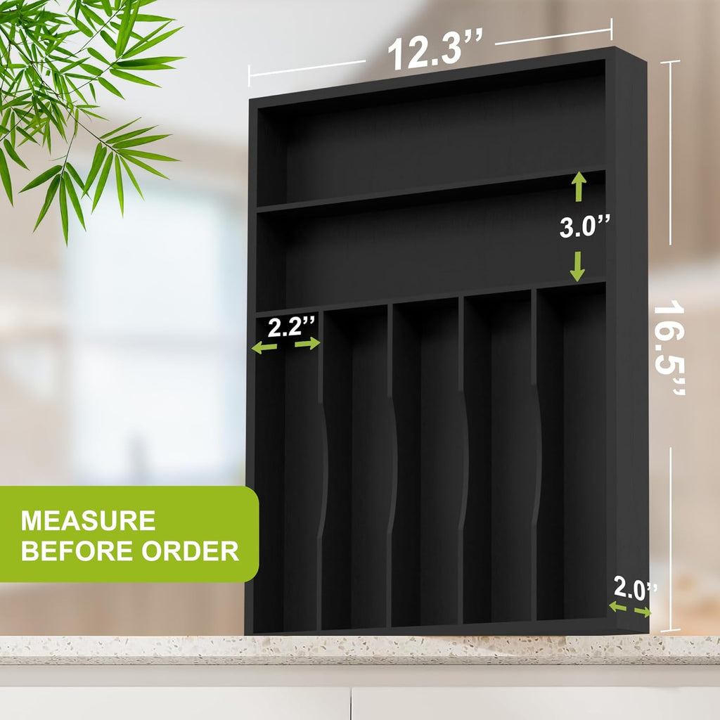 Sliverware Organizer, Bamboo Kitchen Drawer Organizer, Flatware Organizer Tray Holder for Sliverware, Utensil & Cutlery (7 Slots, Black)