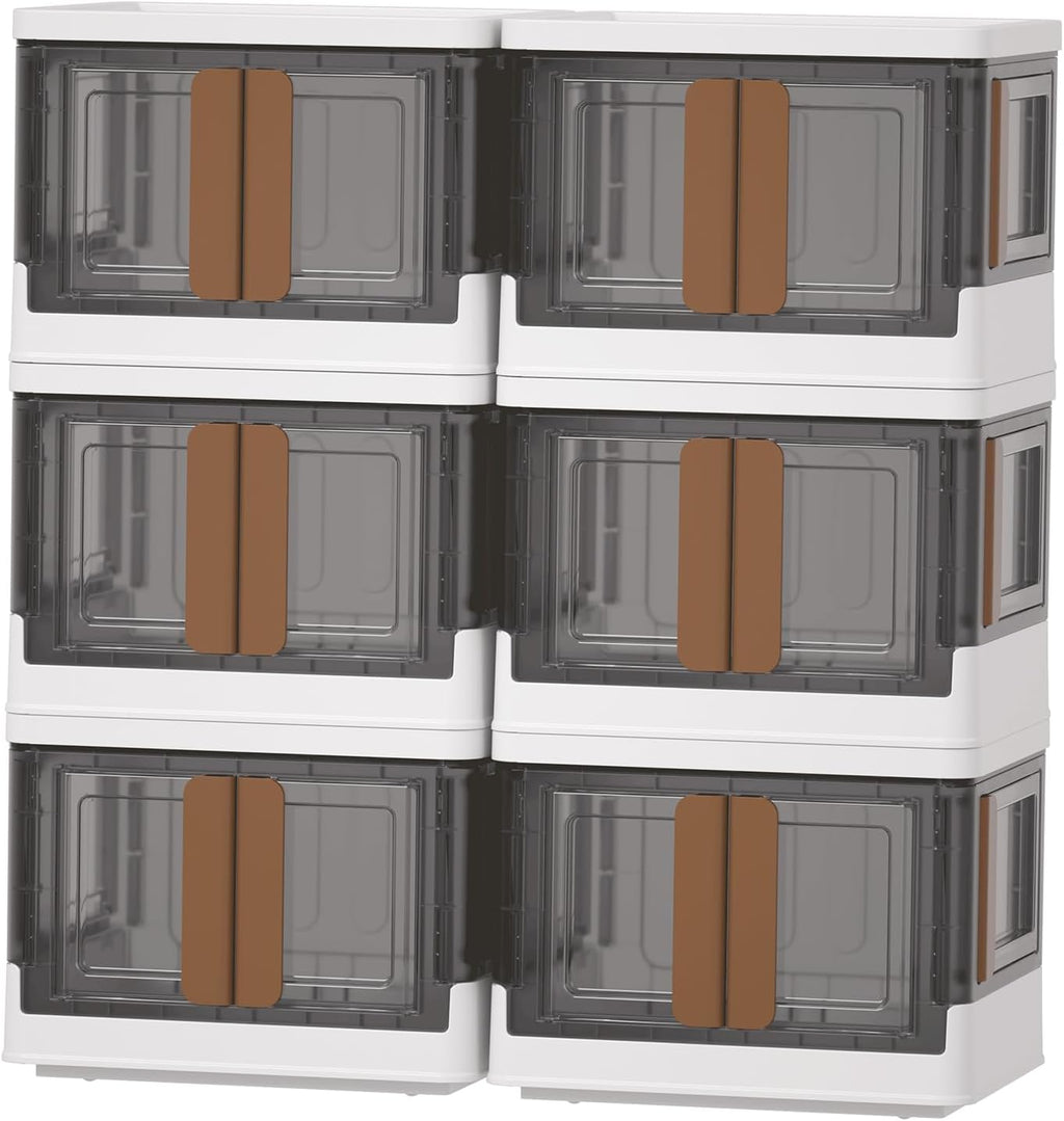 HAIXIN Folding Storage Bins with Left Doors and Right Doors Opening, 6.86 Gal Bookcase, Stackable Storage Cabinet, Plastic Shelves Organizer, Space-Saver Pantry Storage, Room Organization, 6 Pack