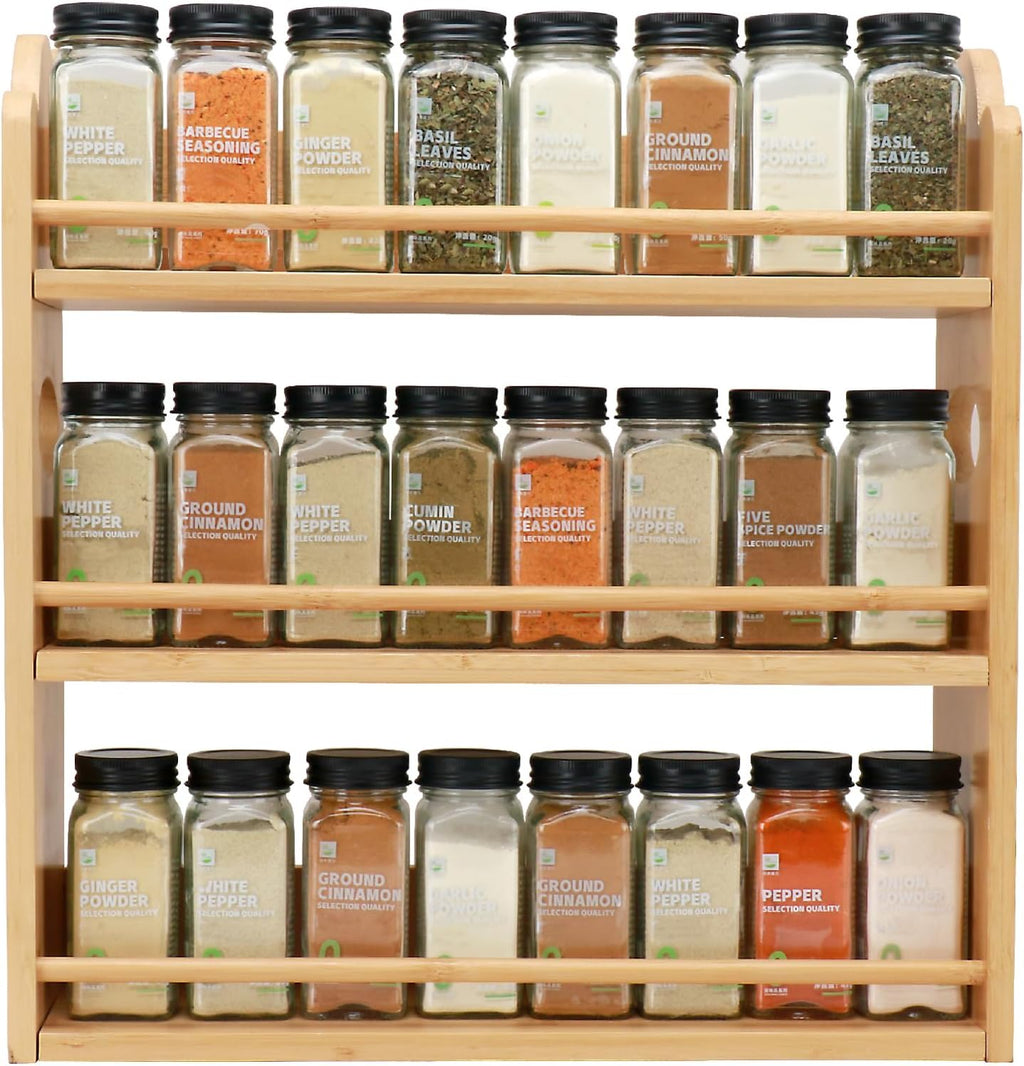 3 Tier Bamboo Spice Rack, Spice Rack Organizer, Seasoning Jars Rack Shelf Spice Organizer for Kitchen Counter or Wall Mounting, Bamboo Spice Storage Holder with handles Easy to Move