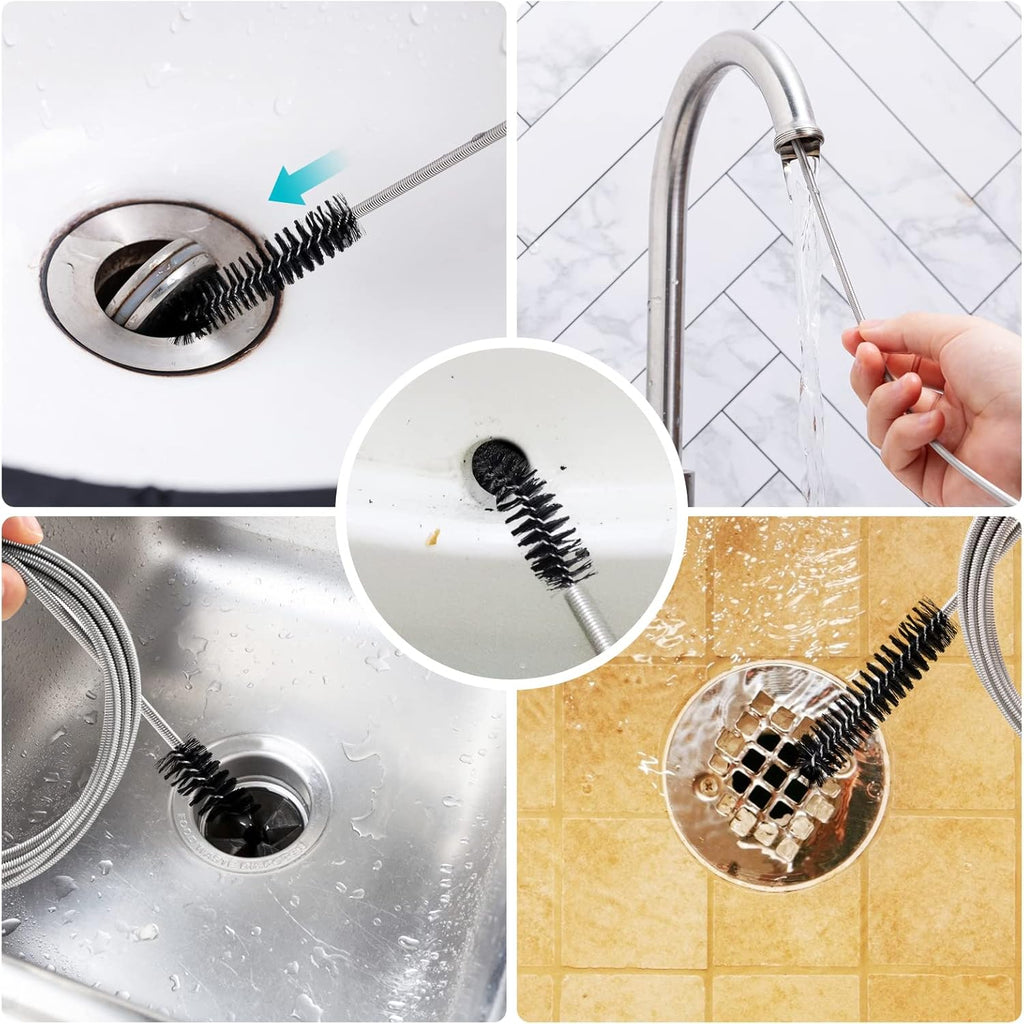 Extra-Thick Drain Brush with Stronger Spring - 67-Inch Flexible Pipe Cleaning Tool - Dual Bristle Heads - Ideal for Curved Pipes and Slim Holes – Black